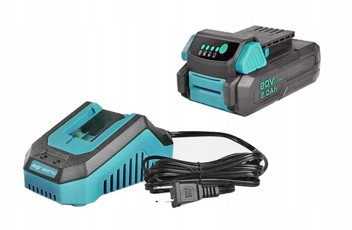 Ładowarka do akumulatora. Akumulator 20V 2.0 Ah z wskaźnikiem naładowania.